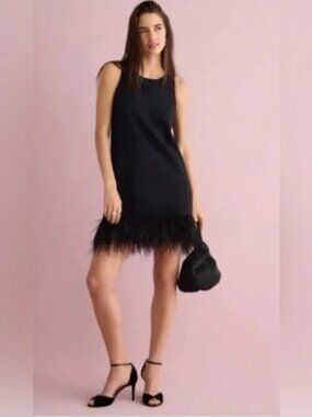J. Crew Black Crepe feather-trim shift dress NWT